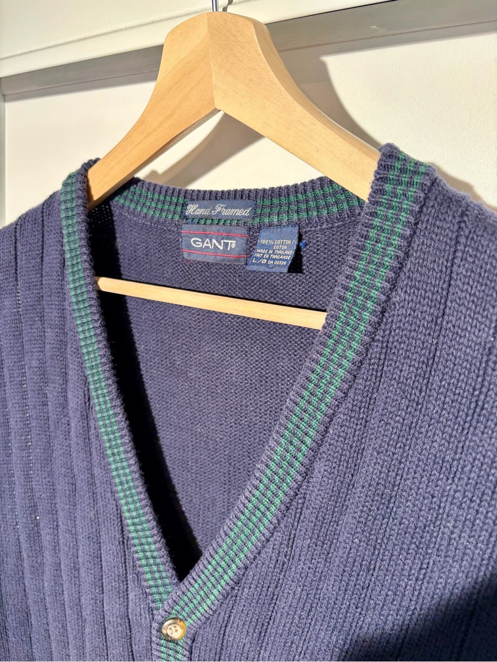 Vintage Gant Navy Green Cotton Cardigan Sweater Vest Hand Framed L